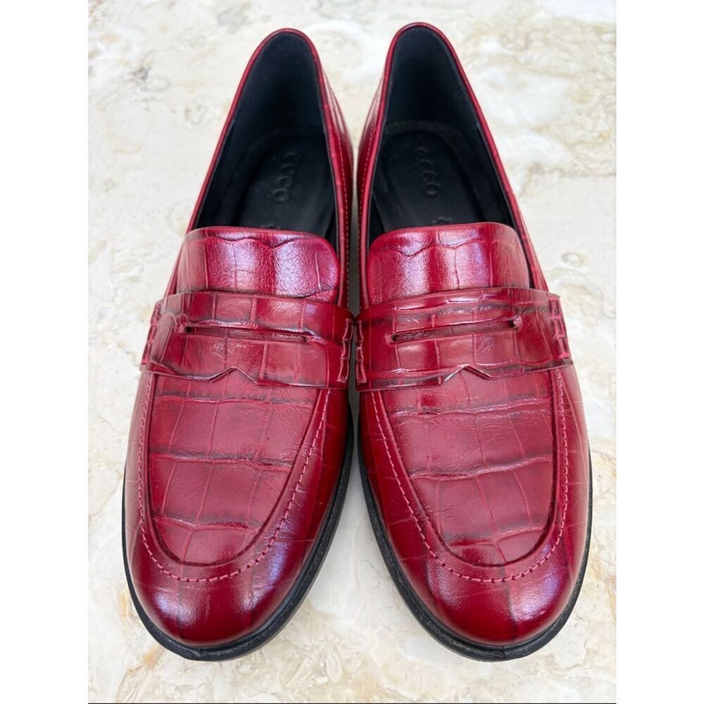 NEW! ECCO Women Dress Classic 15 ECCO Croc Embossed Red Leather Loafers - Picture 8 of 13